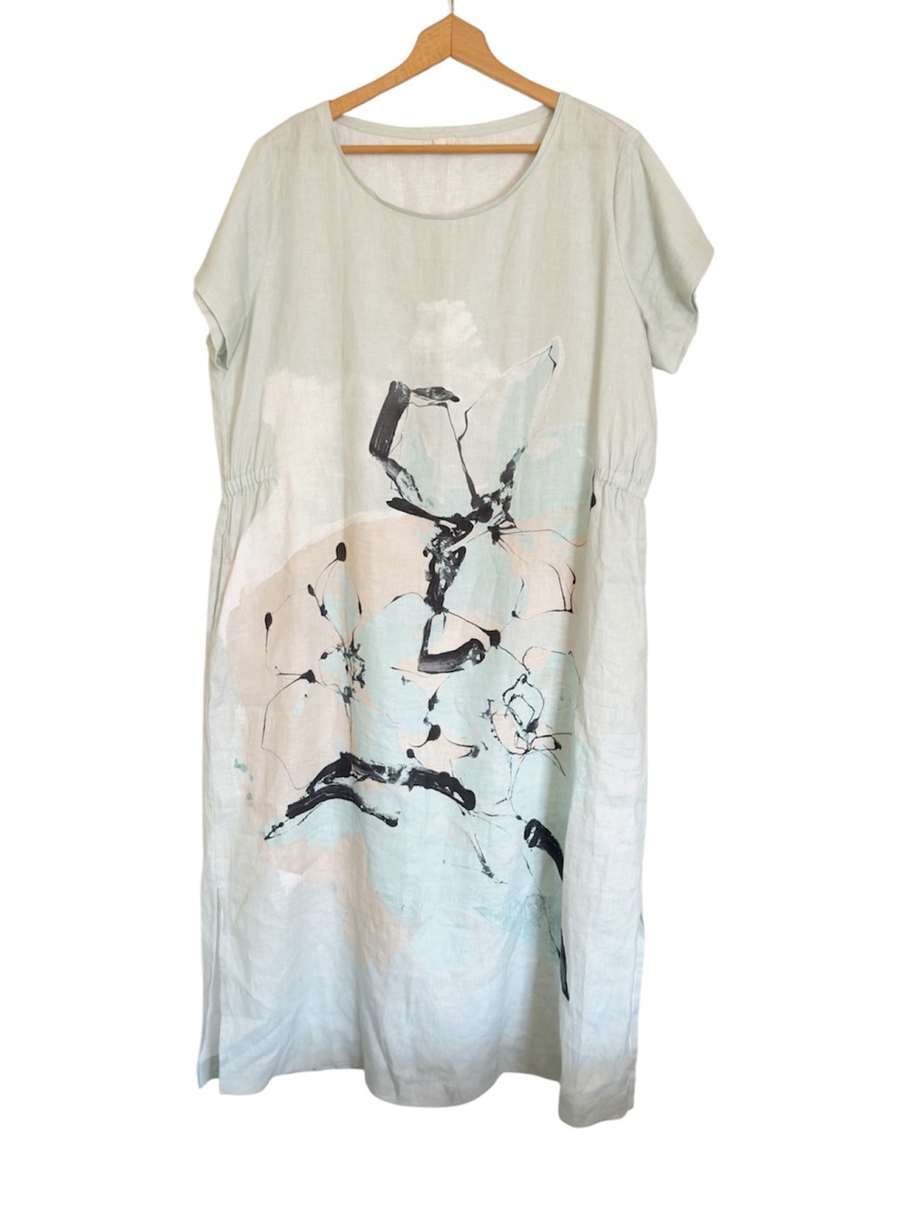Poetry Linen Abstract Watercolor Print Relaxed Lagenlook Boho Maxi Dress size 12
